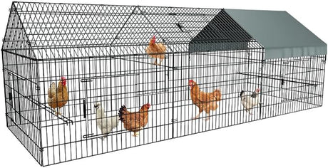 metal chicken pen in black with protective silver tarp