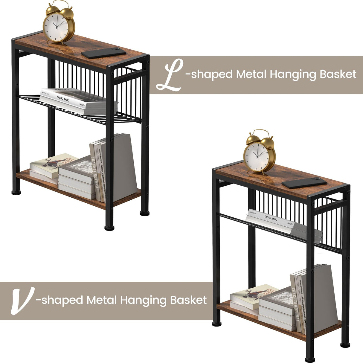 metal frame snack table with storage layers being assembled