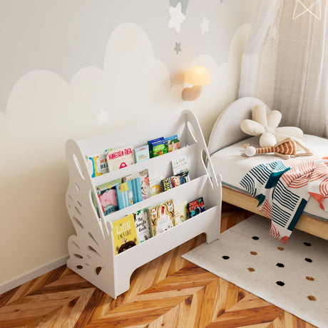 White butterfly kids bookshelf with 3-tier storage for books and toys