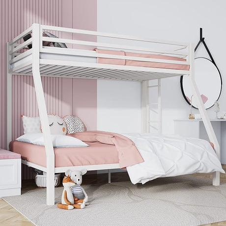 Metal Bunk Bed Twin Over Full Size with Removable Stairs, Heavy Duty Sturdy Frame