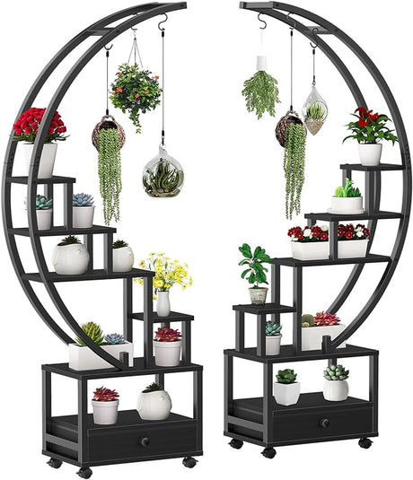 2 Pcs 6 Tier Tall Metal Indoor Plant Stand with Detachable Wheels