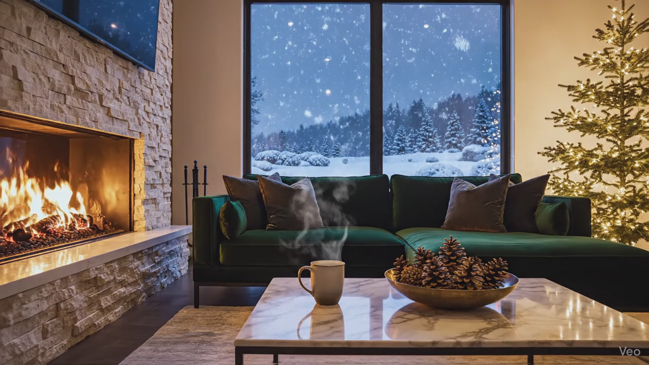 Load video: A luxurious, modern living room at twilight, featuring a warm fireplace glow, a charcoal velvet sectional sofa, and a subtly decorated Christmas tree with falling snow visible outside large windows.