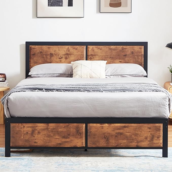 Full Platform Bed Frame with Rustic Vintage Wood Headboard