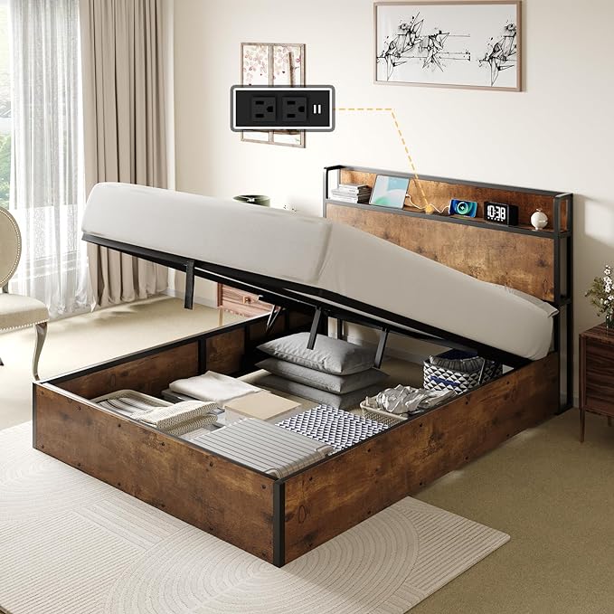 Wooden Platform Bed Frame with Lifting Storage & Charging Station