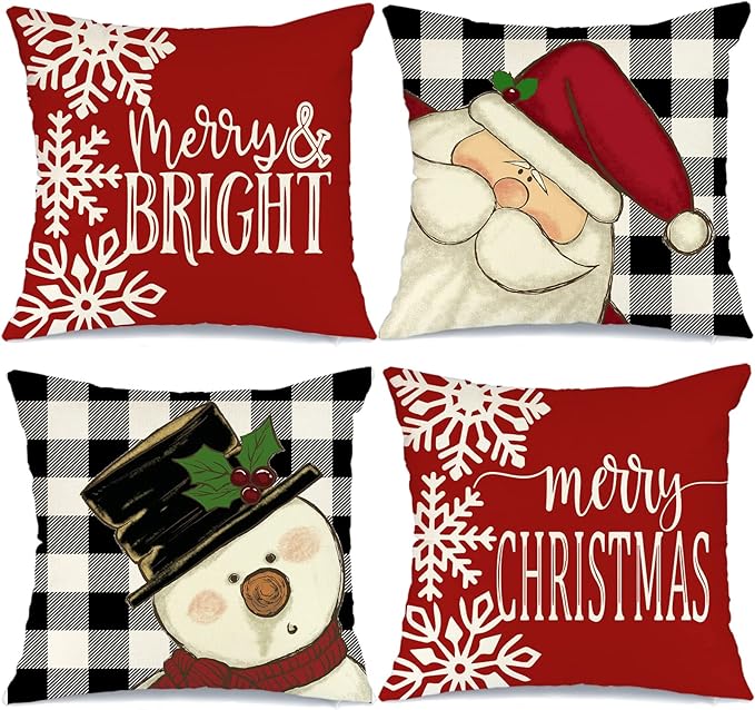 Christmas Decorative Pillow Covers 18 x 18 Inch Set of 4, Buffalo Plaid Santa Claus Snowman