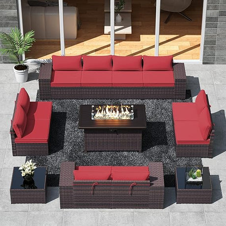 Outdoor Patio Furniture Set with Gas Fire Pit Table, 13 Pieces Patio Sectional Sofa