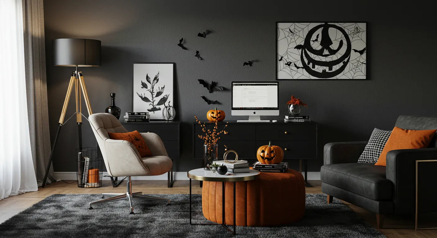 Living room with Halloween decorations, including pumpkins and bat-themed artwork.