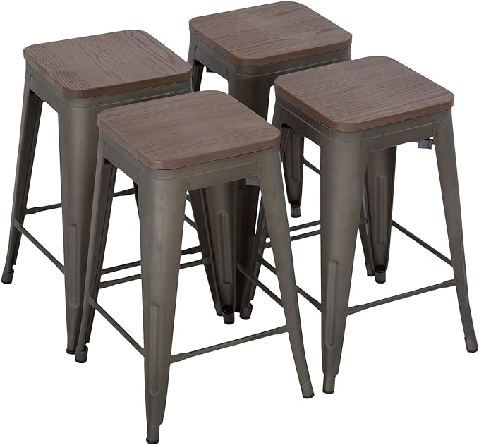 24 Inches Metal Bar Stools Set of 4 Counter Height Wood Seat Barstool Patio Stool