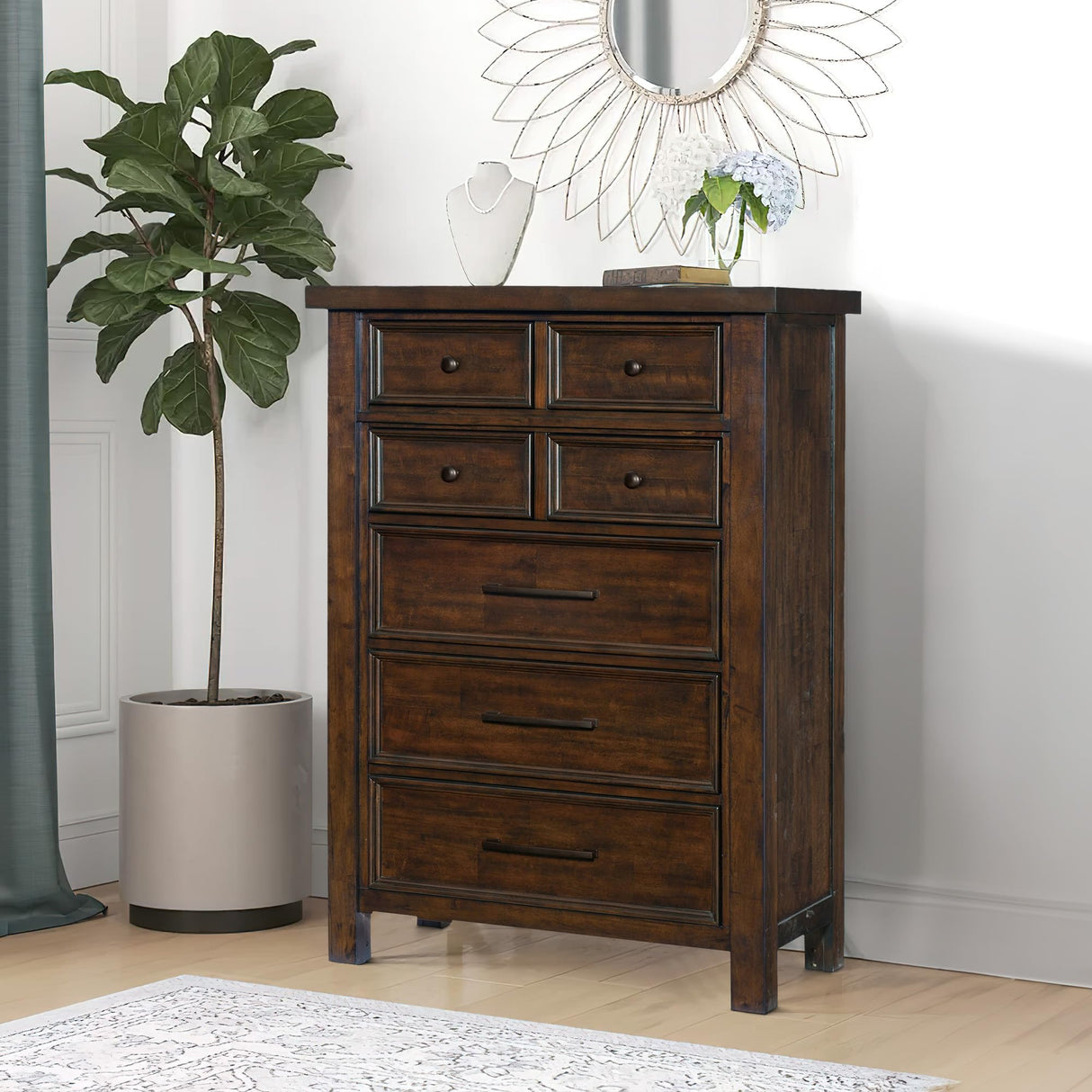 Saul 55-inch tall dresser chest with six drawers in a brown wood finish.