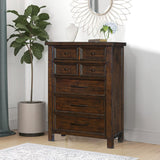 Saul 55-inch tall dresser chest with six drawers in a brown wood finish.