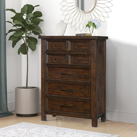 Saul 55-inch tall dresser chest with six drawers in a brown wood finish.