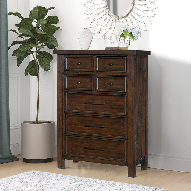 Saul 55-inch tall dresser chest with six drawers in a brown wood finish.