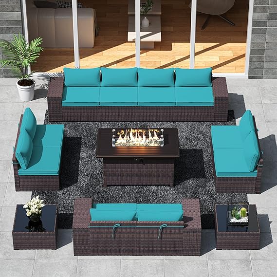 Outdoor Patio Furniture Set with Gas Fire Pit Table, 13 Pieces Patio Sectional Sofa