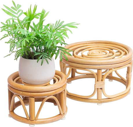 Pack of 2 Large Boho Rattan Woven Round Riser Plant Stand Indoor