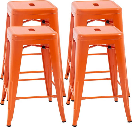 24 Inches Metal Bar Stools Set of 4 Counter Height Wood Seat Barstool Patio Stool