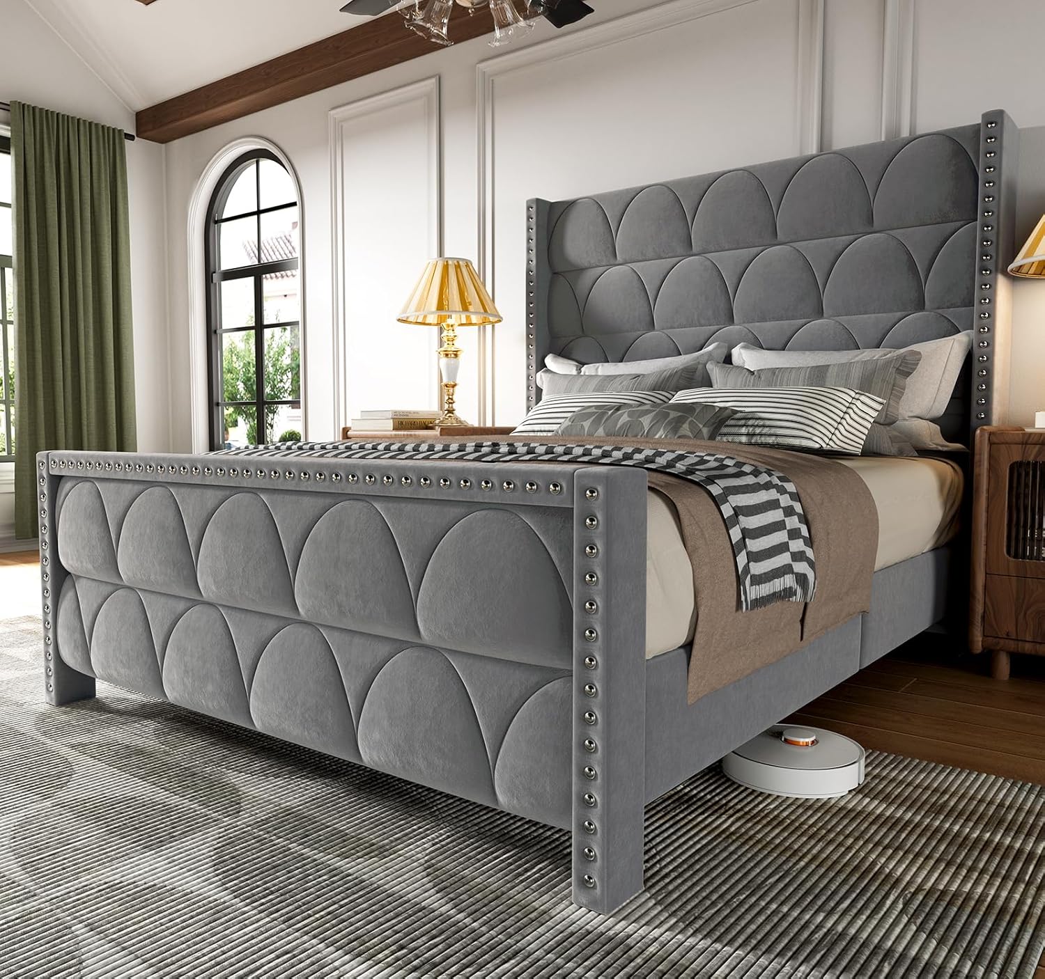 King Size Velvet Platform Bed Frame with 56" Wingback Headboard
