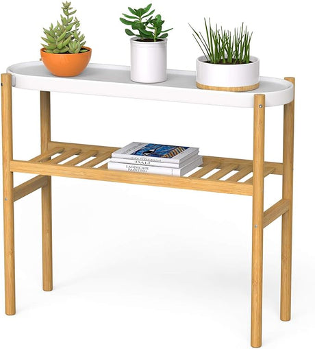 Bamboo Plant Shelf Indoor, 2 Tier Tall Plant Stand Table for Multiple Plants