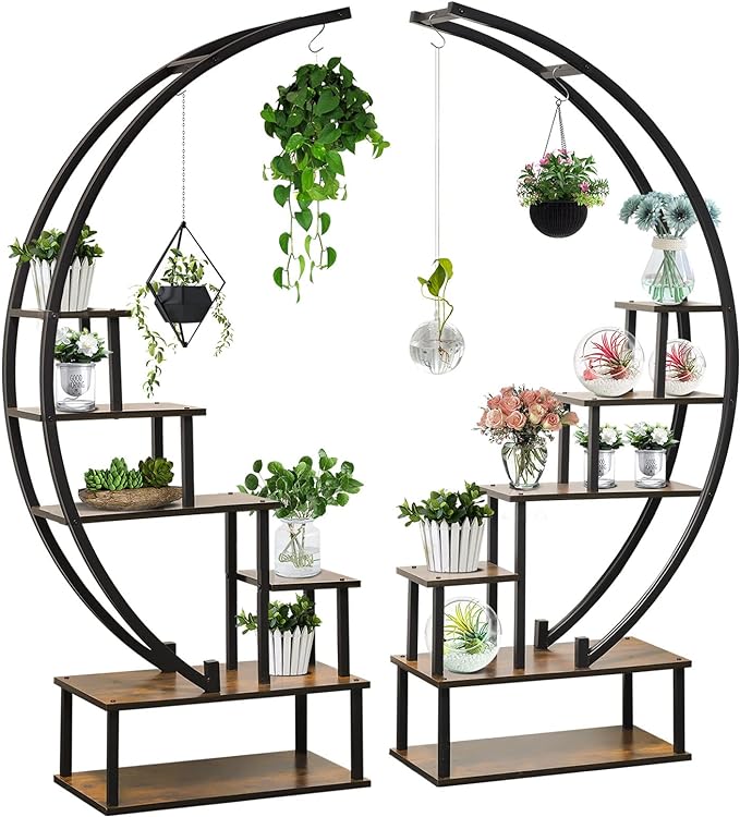 2 Pcs 6 Tier Tall Metal Indoor Plant Stand Half-Moon-Shaped Plant Shelf Holder