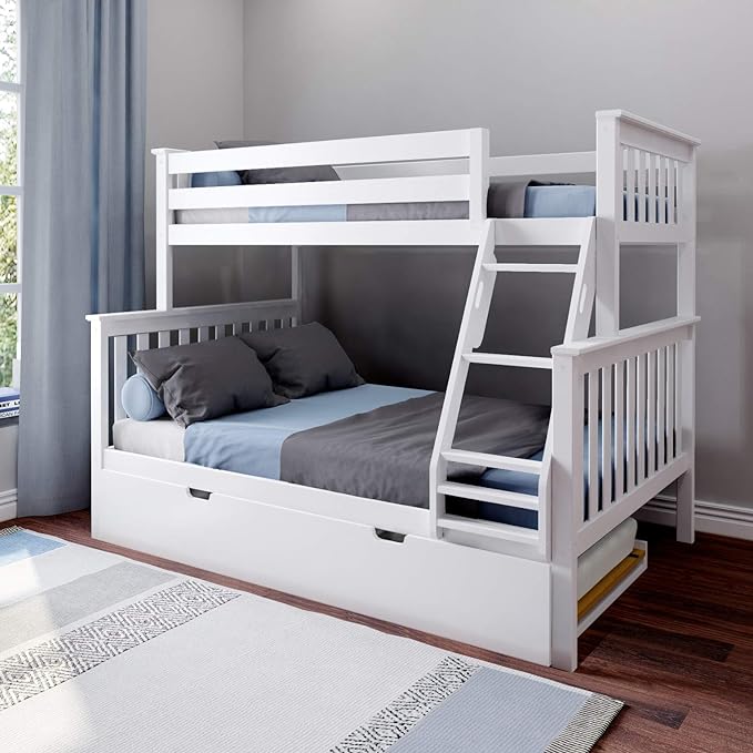 Bunk Bed, Twin-Over-Twin Bed Frame For Kids With Trundle, White