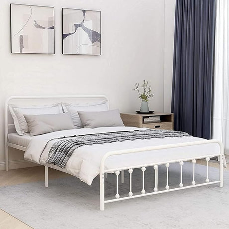 Metal Bed Frame Queen Size Platform with Vintage Style Headboard