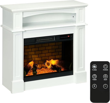 32" Electric Fireplace with Mantel, Freestanding Heater with LED Log Flame