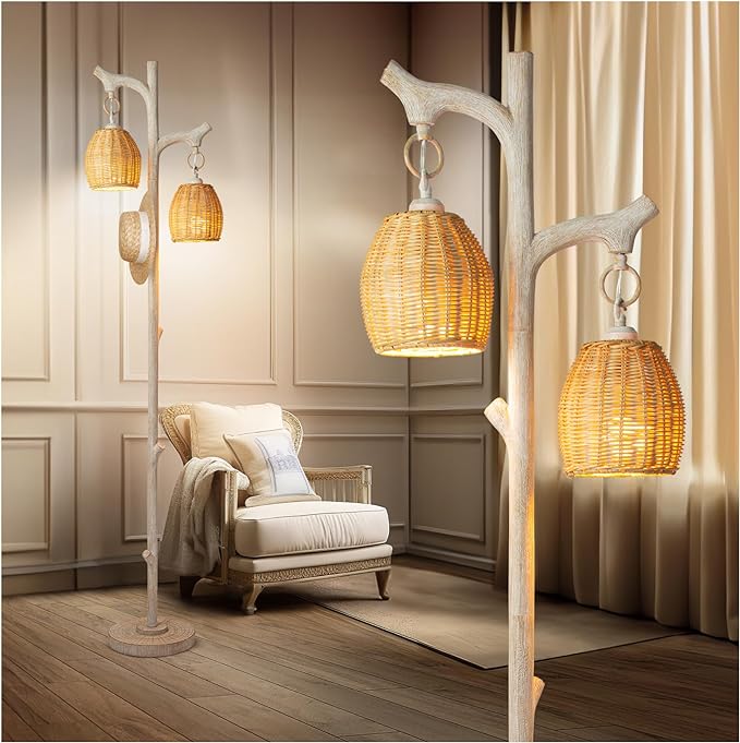 lose-up of wicker drum shades on farmhouse floor lamp