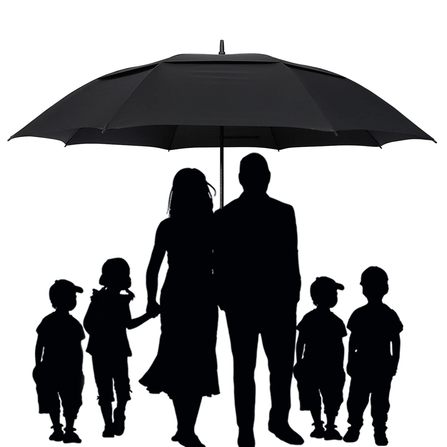 Silhouette of a family under a large 72-inch golf umbrella. Oversized windproof umbrella provides full coverage for groups in any weather.
