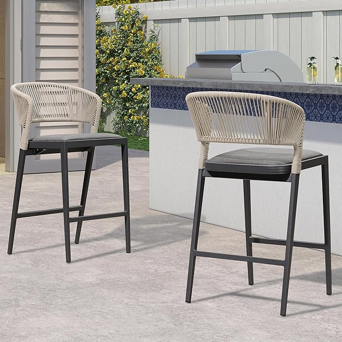 Counter Height Bar Stool Set of 2 Modern Aluminum Rattan Wicker Outdoor Barstools