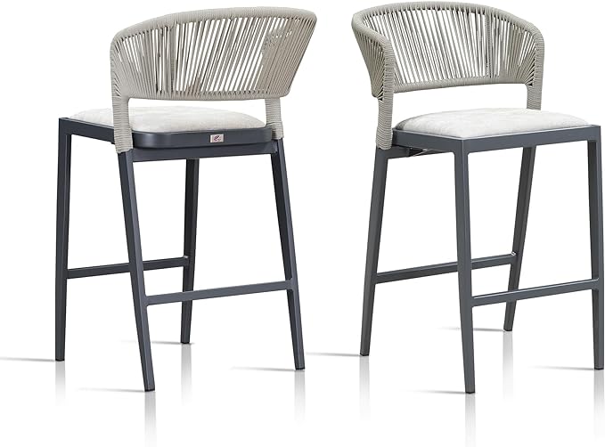 Counter Height Bar Stool Set of 2 Modern Aluminum Rattan Wicker Outdoor Barstools