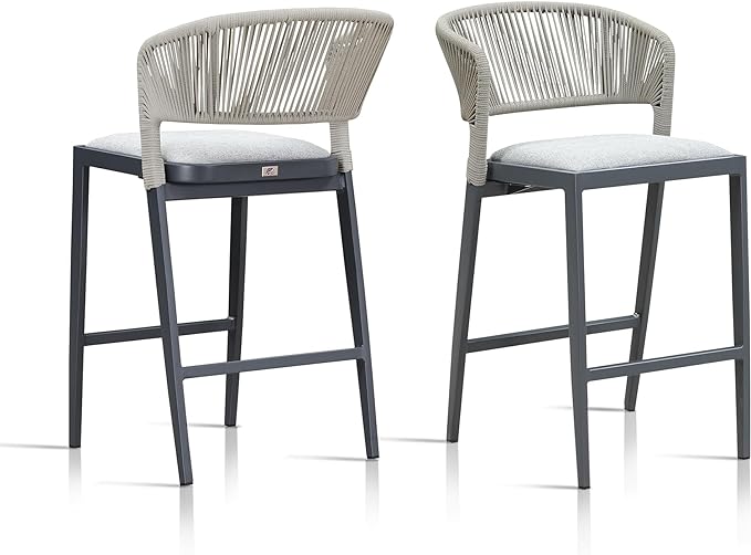 Counter Height Bar Stool Set of 2 Modern Aluminum Rattan Wicker Outdoor Barstools