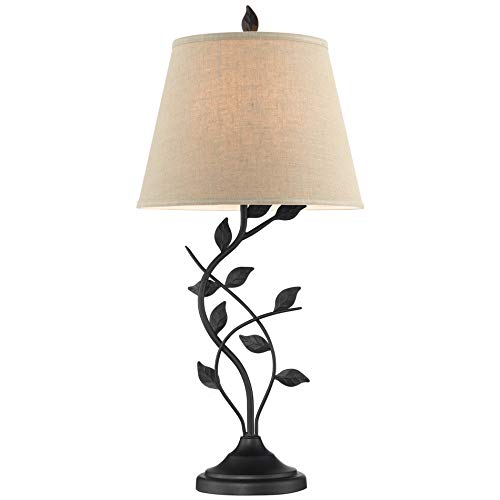 Ambrose 31" Traditional Rustic Table Lamp + Beige Fabric Shade, Leaf Detailed Body