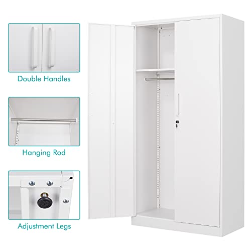 Steel Wardrobe Cabinet with 2 Doors, White Metal Locker Cabinet