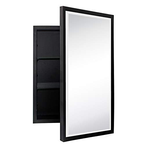 Black Metal Framed Recessed Bathroom Medicine Cabinet with Mirror Rectangle Beveled