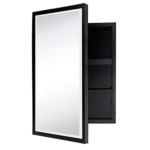 Black Metal Framed Recessed Bathroom Medicine Cabinet with Mirror Rectangle Beveled Vanity Mirrors