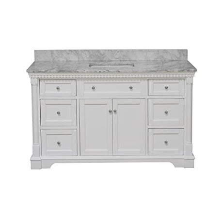 Single Bathroom Vanity Includes White Cabinet with Authentic Italian Carrara Marble