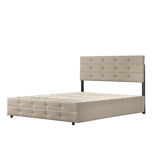 Queen Size Upholstered Bed with Trundle Bed and Two Storage Drawers Beige Tufted