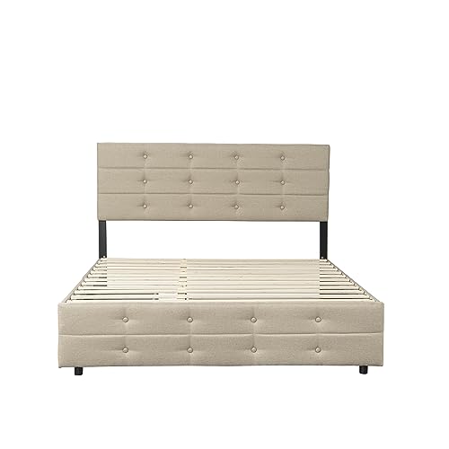 Queen Size Upholstered Bed with Trundle Bed and Two Storage Drawers Beige Tufted