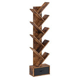 Tree Bookshelf with Drawer, 8 Shelf Rustic Brown Bookcase