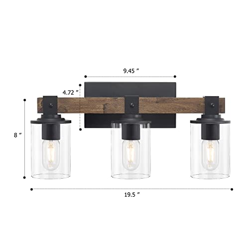 Rustic Wood Vanity Lights,3-Light Farmhouse Bathroom Lighting Fixtures with Clear Glass Shade