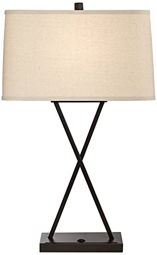 Megan Modern Table Lamps 26.5" High Set of 2 with Hotel Style USB Charging Port LED Bronze Metal Rectangular Fabric Shade