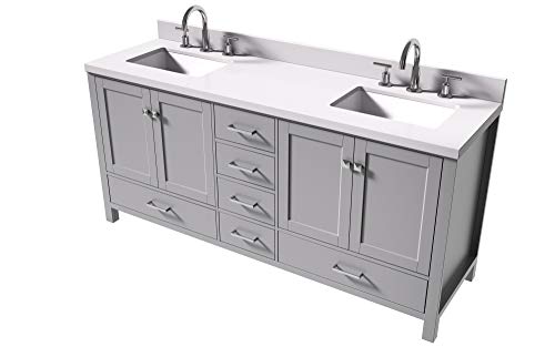 Bathroom Vanity 73" Inch Double Rectangle Sinks with Pure White Quartz Countertop in Gray