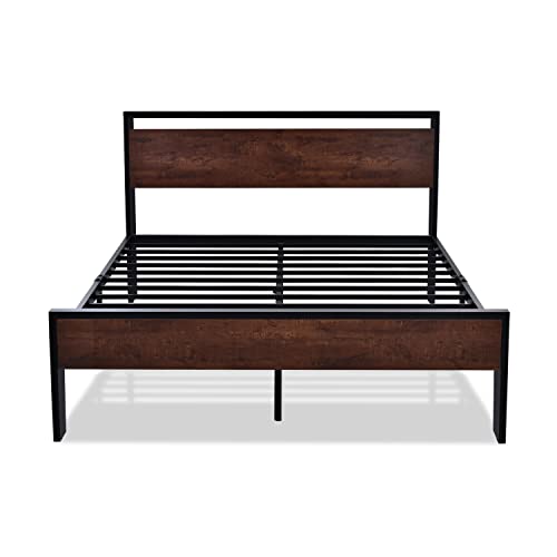 14 Inch Queen Size Metal Platform Bed Frame with Wooden Headboard and Footboard