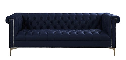 Gold Navy Blue Winston PU Button Tufted with Nail head Trim Tone Metal Sofa