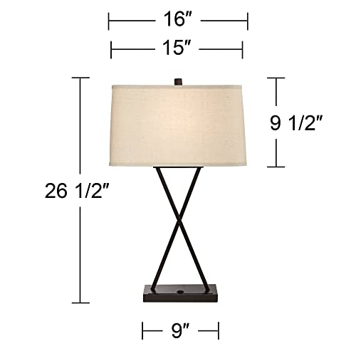 Megan Modern Table Lamps 26.5" High Set of 2 with Hotel Style USB Charging Port LED Bronze Metal Rectangular Fabric Shade