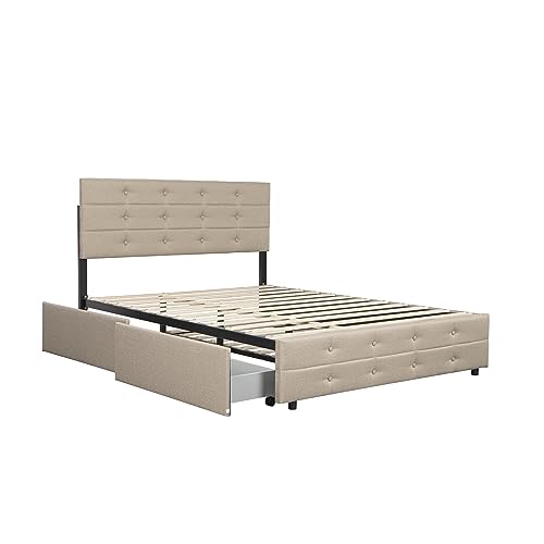 Queen Size Upholstered Bed with Trundle Bed and Two Storage Drawers Beige Tufted