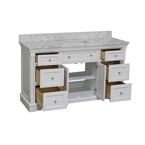 Single Bathroom Vanity Includes White Cabinet with Authentic Italian Carrara Marble