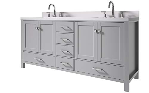 Bathroom Vanity 73" Inch Double Rectangle Sinks with Pure White Quartz Countertop in Gray