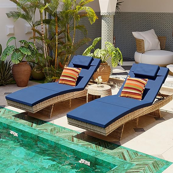 Chaise Lounge Set of 2, Rattan Wicker Patio Lounge Chairs for Outside