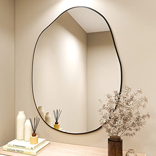 Black Asymmetrical Bathroom Mirror Wood Framed Modern Decorative Vanity Mirror