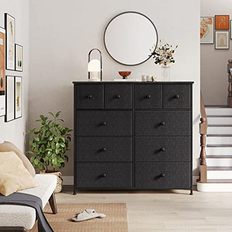 10 Drawer Dresser for Bedroom Fabric Storage Tower Wide Black Dresser with Wood